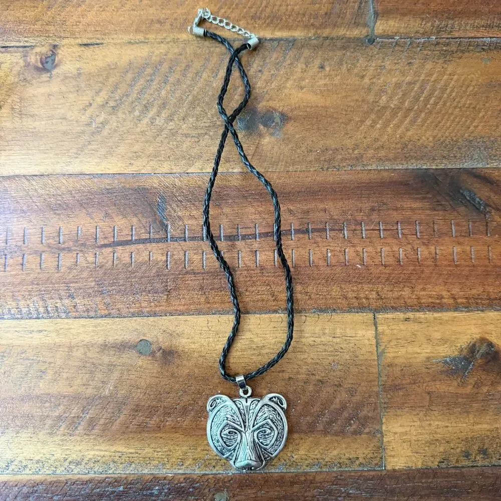 Tribal Bear Pendant Necklace Braided Leather Cord Silver Tone Animal Totem Boho